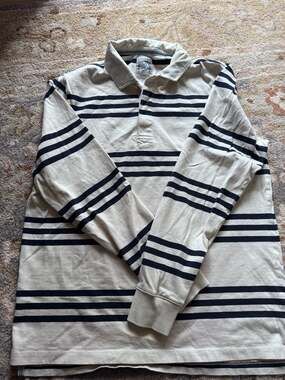 Vintage Lands' End Long Sleeve Striped Rugby Shirt Cream and Navy Blue